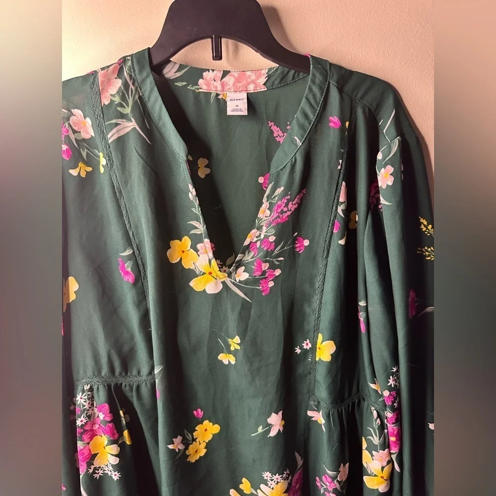 Old Navy Dress Womens Size M Green Floral Lightweight Long Sleeve Above The Knee